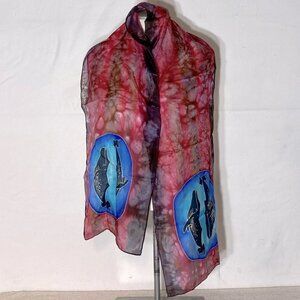 Vintage Hand Painted Humpbacks by the Sea Silk Scarf Coastal Nautical Artisanal